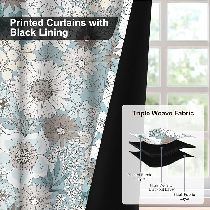 Boho Blackout Curtains for Bedroom and Living Room, Black Out Curtains 84 Inch Long 2 Panels Set with Rope Tassels Curtain Tiebacks, Floral Patterned Grommet Thermal Insulated Room Darkening Drapes