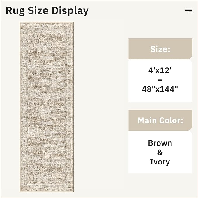 Soalmost 4x12 Wide Hallway Runners: Washable 12ft Runner Rug for Entryway Living Room Soft Vintage Non Slip Carpet Runner for Kitchen Dining Room Nursery Bedroom (Brown, 4x12ft)
