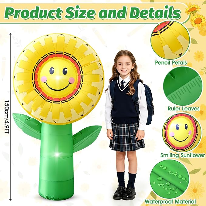 5FT Back to School Inflatable Outdoor Decorations Sunflower Pencil Blow Up Built-in 2 LED Lights Smiley Flower Welcome Yard Decor for First Day of School Kindergarten Preschool Photo Props