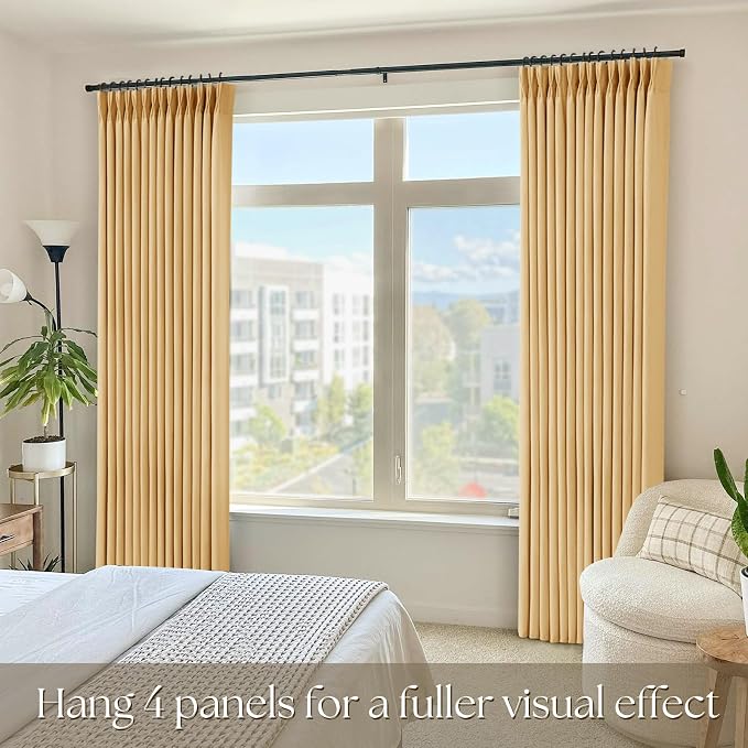 Pinch Pleated Mustard Yellow Linen Curtains 84 inches Long for Living Room 2 Panel Set Light Fitering Semi Sheer Yellow Window Curtain Pleat with Hooks Rustic Farmhouse Bedroom Drapes Length 84"