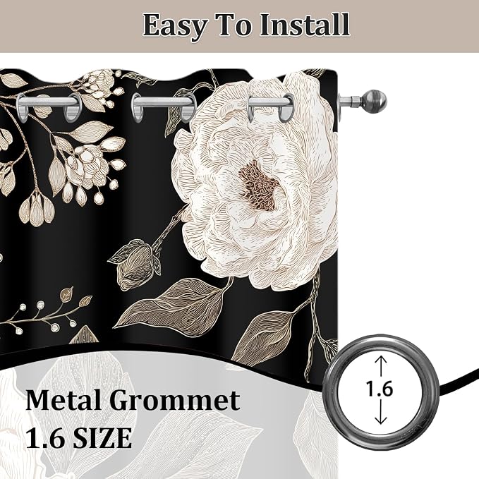 Black and Gold Blackout Curtain, Boho Floral Aesthetic Art Curtains, Dark Vintage Flowers Grommet Drapes 2 Panels, Farmhouse Bedroom Living Room Decor 52X84 Inch