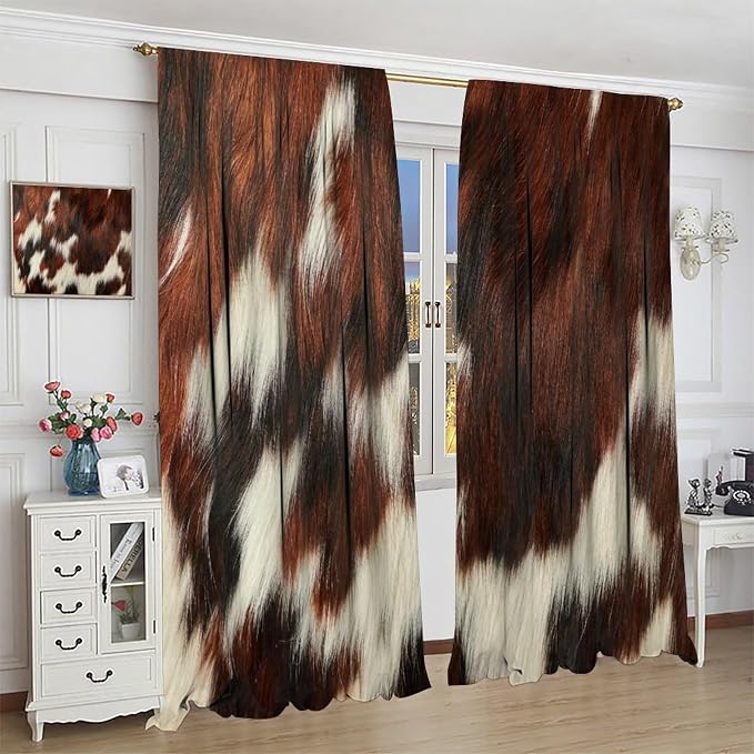 Cow Blackout Curtain,Animal Print Brown Cowhide Western Rustic Farm Farmhouse Window Treatments Rod Pocket Curtain for Bedroom Living Room Kitchen Decor Drapes 72x63in