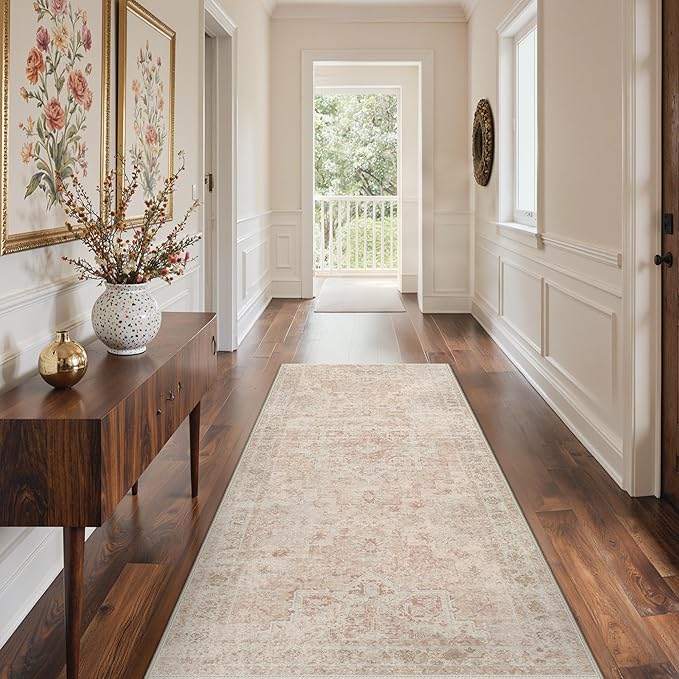 GENIMO Runner Rug 2'6"x8 Machine Washable Non Slip Vintage Hallway Runner Rug, Low Pile Lightweight Rugs for Indoor Entryway, Hallway, Kitchen and Corridor, Light Pink