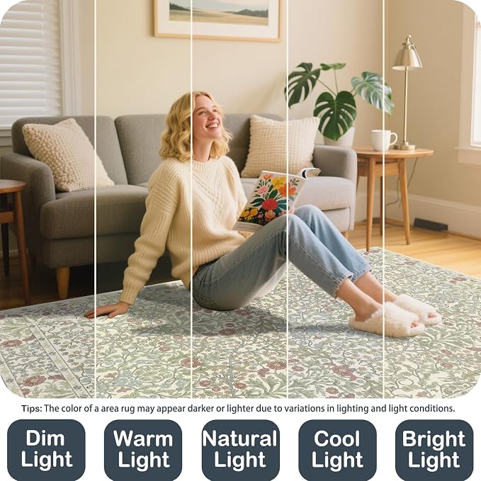 Area Rug for Living Room, 10x12 Large Washable Rugs for Dining Room, Bedroom, Non Slip Stain Resistant Carpet, Low Pile Vintage Floral Rug (Light Green)