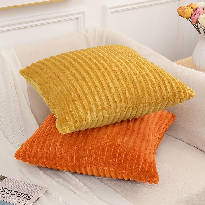 Simmore Decorative Fall Throw Pillow Covers 26x26 Set of 2, Soft Natural Plush Flannel Double-Sided Fluffy Couch Euro Sham Pillow Covers for Sofa Living Room, Orange