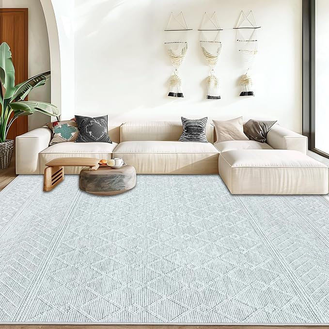 Area Rug for Living Room 9x12: Large Washable Boho Moroccan Rugs Geometric Neutral Rug, Non-Slip Foldable Morden Farmhouse Indoor Floor Carpet for Bedroom Dining Table Home(Modern Grey,9'x12')