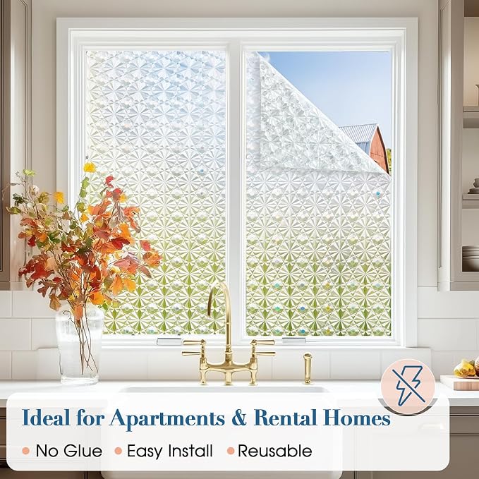 Windimiley Frosted Glass Window Privacy Film, 3D Diamond, 17.5" x 78.7" | Static Cling No Glue Removable, UV Heat Blocking, Decorative Window Film, Renter Friendly for Bathroom Bedroom Door