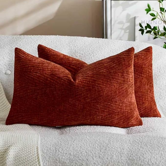 Summer Pillow Covers 12x20 Inch Set of 2, Soft Decorative Throw Pillow Covers with Leaves Texture, Hidden Zipper for Home Sofa Bed Couch (Rust, 12" x 20" (Pack of 2))