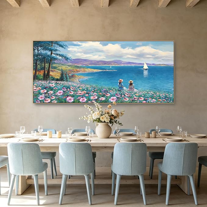 Large Framed Wall Art for Living Room Mountains Ocean Canvas Picture | Extra Large 70x31 Inches Rustic style Seascape Pink Flower Tree Sailboat Mountain Decor for Bedroom Office Home Decoration