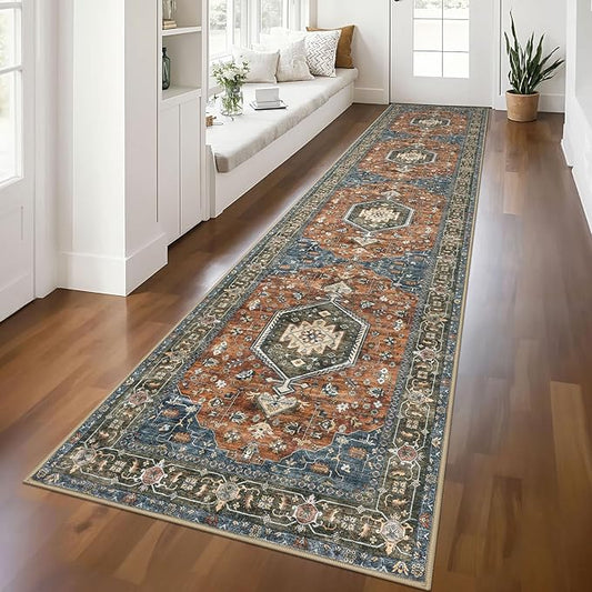 KUTA Vintage Washable Runner Rug 2.6x12, Non-Slip Hallway Kitchen Rugs Brick Red with Rubber Backing,Ultra Soft Printed Modern Extra Long 12ft Carpet Runners Indoor for Bedroom