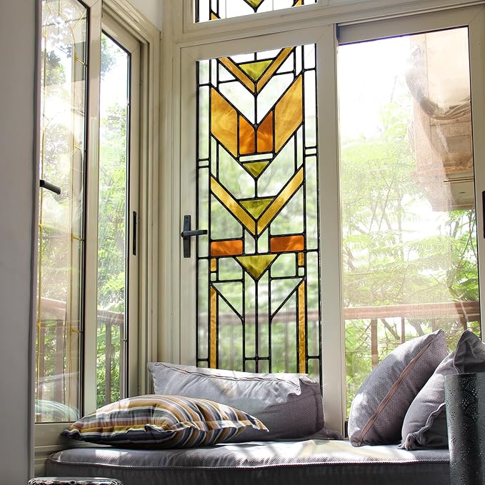 Faux Stained Glass Effect Transparent Window Film, Original Hand Drawn Static Cling Home Decal Inspired by Frank Lloyd Wright, 16.93" x84.65" Martin House, Boho