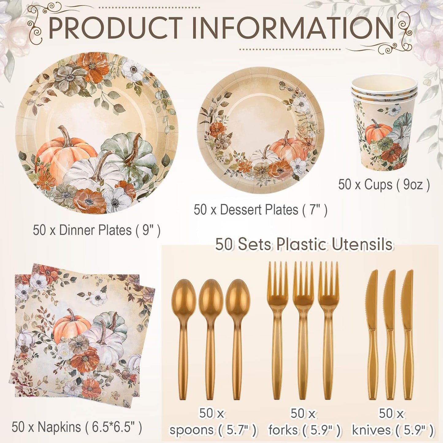 350 Pcs Thanksgiving Fall Party Supplies Dinnerware Set Disposable Plates Napkins Paper Cups Plastic Cutlery for Autumn Thanksgiving Harvest Party Decor Serves 50 (Pumpkin Floral)