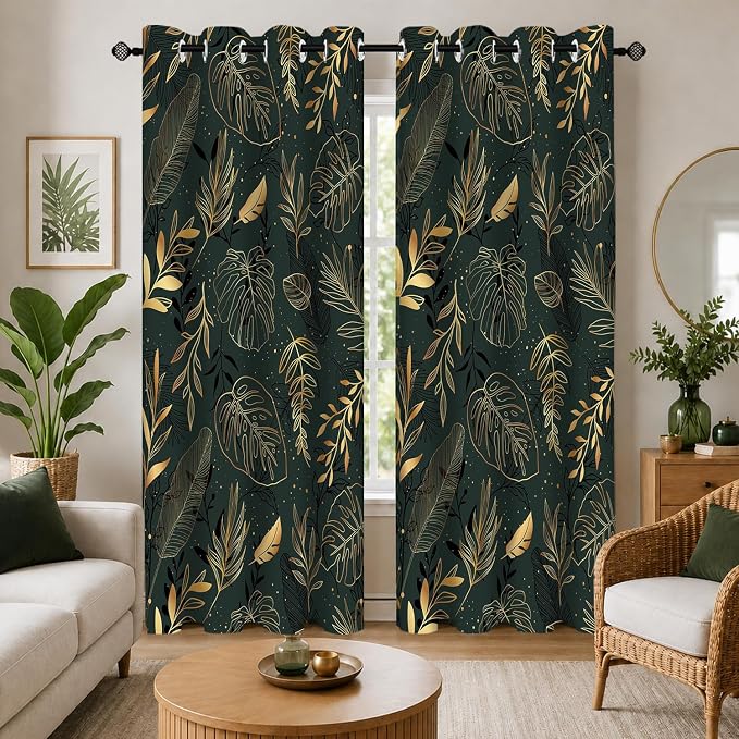 Tropical Leaves Blackout Curtains for Bedroom, Gold Leaf Dark Green Botanical Drapes Modern Window Curtains Darkening Thermal Insulated Grommet for Living Room Bedroom Decor 2 Panels 52x84 Inches