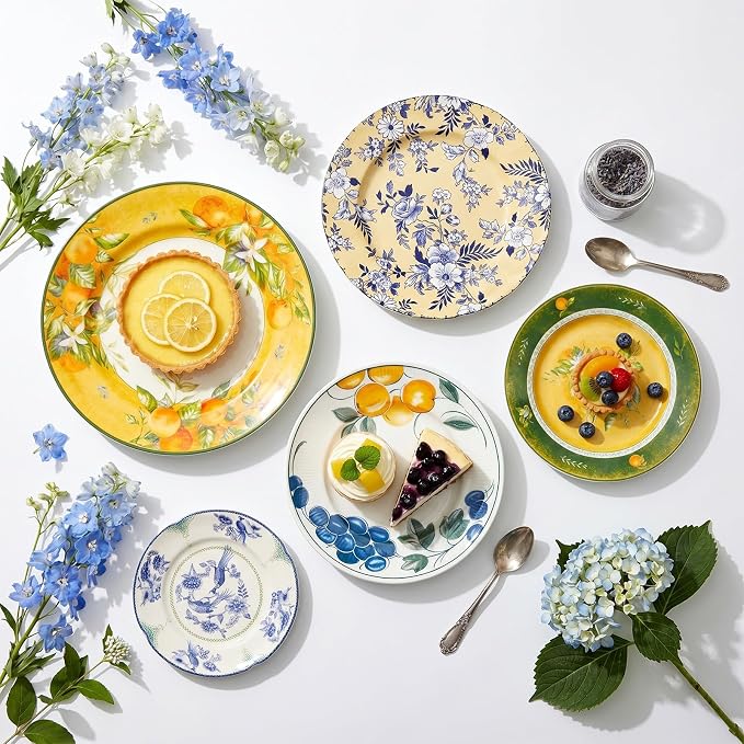 Yiyiring 5 Pcs Coastal Vintage Ceramic Wall Plates Set, Blue White and Yellow Decoration Hanging Plates with Botanical Patterns, Holland Vintage Gifts for Wall, Home Office Art Ornament(Fruit)