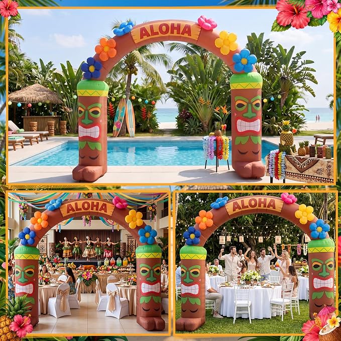 10 Ft Luau Hawaiian Inflatable Archway - LED Lighted Summer Decorations Aloha Tiki Blow Up Arch Party Decor for Summer Tropical Beach Pool Indoor Outdoor Lawn Garden Patio Yard