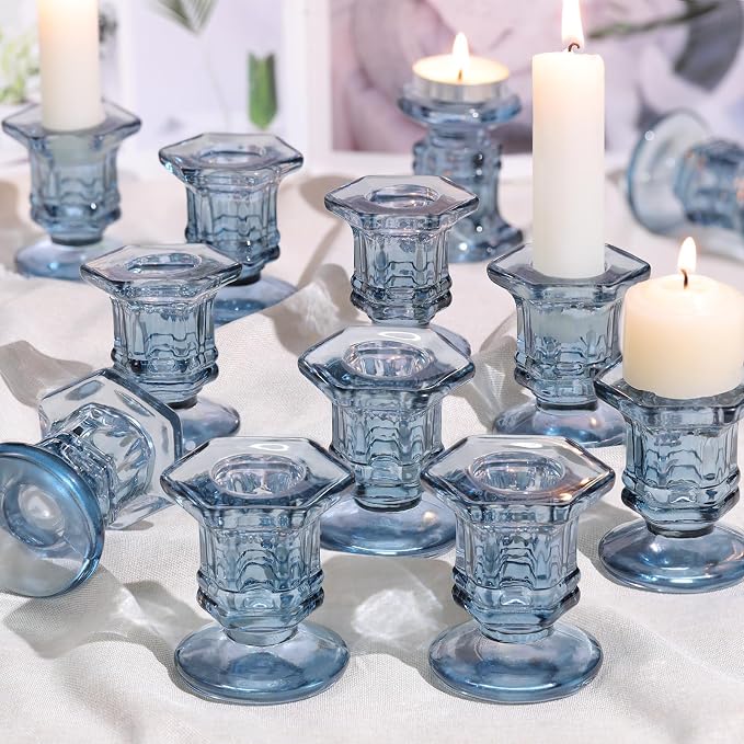 Lanttu 12 Pcs Blue Candlestick Holders Bulk, Glass Candle Holders Set | Crystal Taper Candle Holder for Wedding, Table Centerpiece, Home Decoration