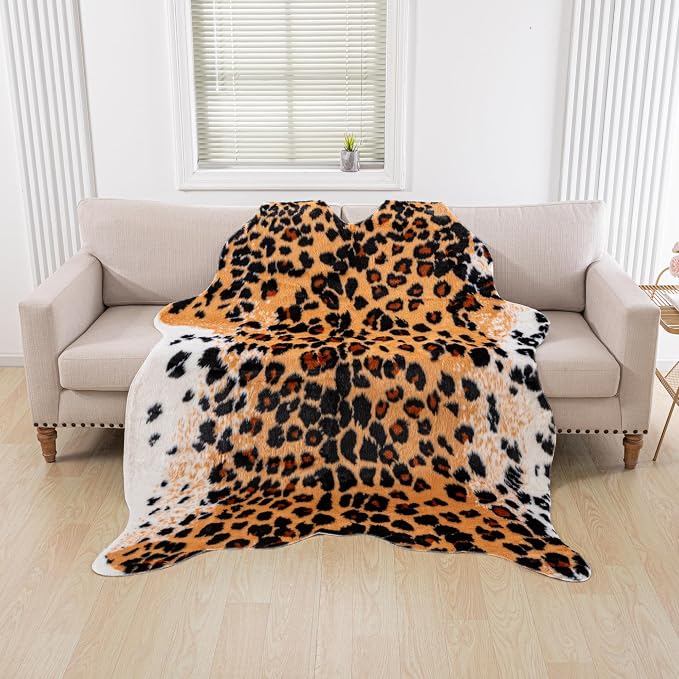 Huichenxing2021FURSTORE Leopard Print Rug, Cheetah Rug 5.3ft x 6.7ft Large Faux Cowhide Skin Mat Animal Print Area Rugs for Living Room Bedroom Nursery Home Office Brown