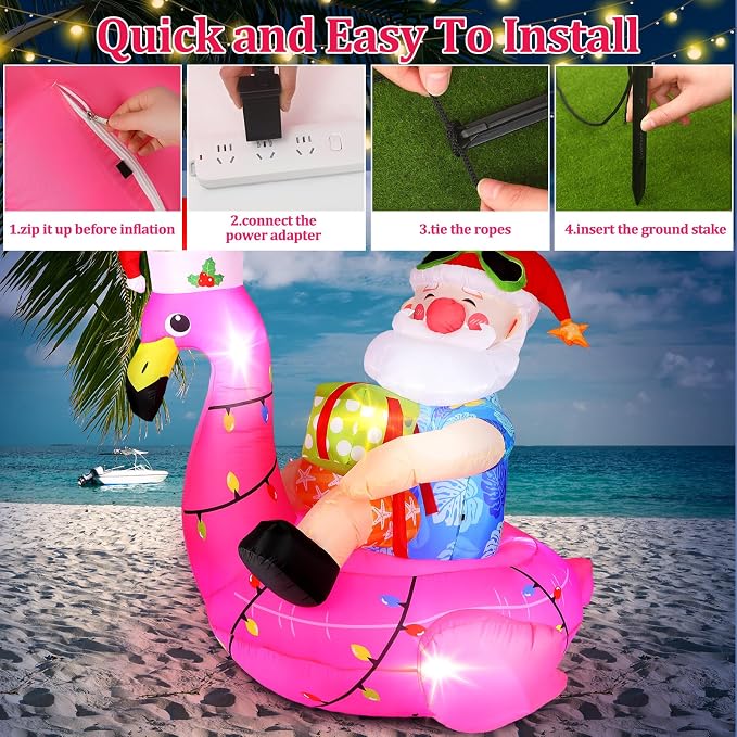 Hawaiian Christmas Santa on Flamingo Inflatable Decoration 5ft Tropical Santa Blow up Beach Christmas Inflatable Outdoor Decor with LED Light Xmas Flamingo Pool Floating for Outside Holiday Garden