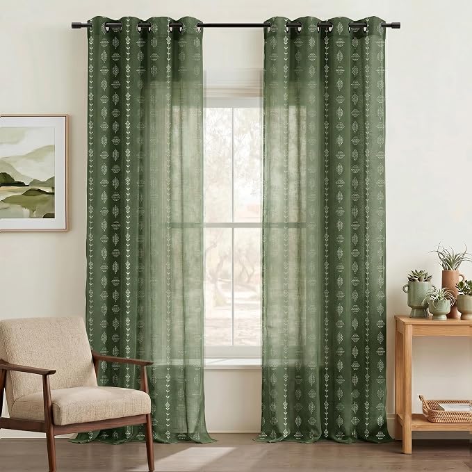 Olive Green Boho Linen Curtains for Living Room, Semi Sheer Floral Botanical Patterned Earthy Drapes for Bedroom 84 Inches Long Moss