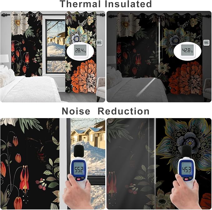 Boho Blackout Curtains for Bedroom, Black Out Window Bedroom Curtains 84 Inch Length 2 Panels Set, Floral Thermal Insulated Room Darkening Blackout Curtains for Living Room with Two Curtain Tiebacks