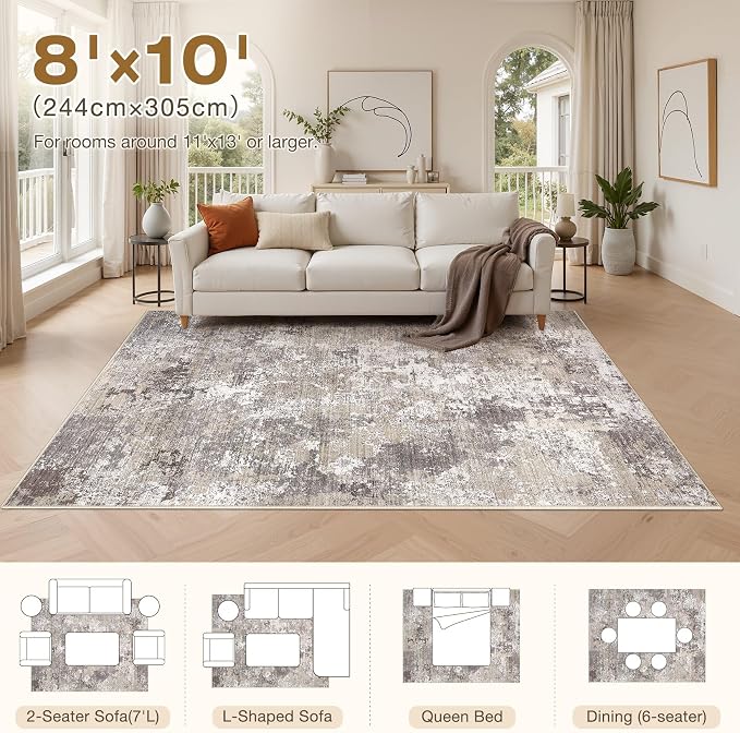 Area Rugs 8x10 Living Room: Washable Large Abstract Modern Neutral Soft Rug Stain Resistant Non-Slip Backing Carpet for Bedroom Dining Room Indoor Nursery Dorm Home Office Decor - Light Brown