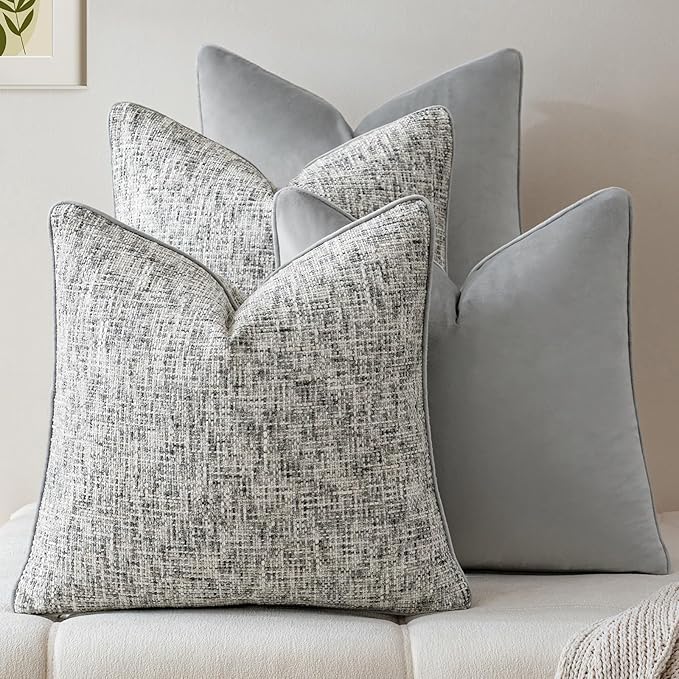 a moment Grey 4 Pack Throw Pillow Covers - Chenille & Velvet Set with Piping, Farmhouse Textured Design Pillow Cases for Couch Sofa Bed Livingroom (18x18 Inch, No Insert)