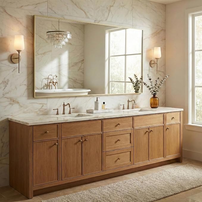 55"x30" Satin Gold Wide Bathroom Wall Mirror for Double Vanity | Wide Double Vanity Mirror, Slim Metal Frame, Long Console or Buffet Use, Vertical/Horizontal Mount, Tempered Glass