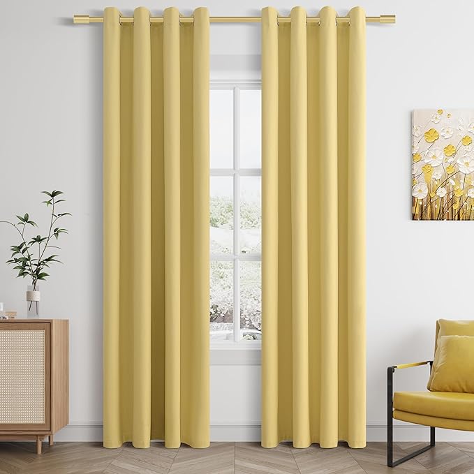 Jowels Yellow Linen Blackout Curtains 84 Length 2 Panels Set for Living Room Bedroom, 100% Black Out Thermal Insulated Linen Drapes, Room Darkening Grommet Curtains 84 Inches Long, Yellow