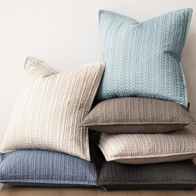 Foindtower Set of 2 Decorative Cotton Waffle Weave Lumbar Throw Pillow Cover Euro Sham Cushion Covers Accent European Pillowcase For Bed Couch Sofa Bedroom Living Room Home Decor 12×20 Inch Light Blue