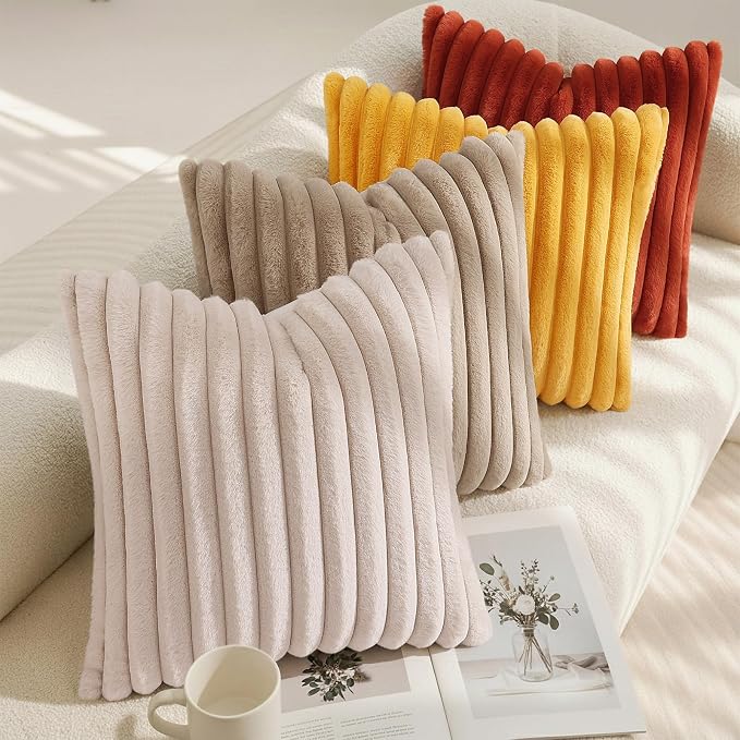 decorUhome Fall Cozy Faux Fur Throw Pillow Covers 16x16 Set of 2 Decorative Soft Plush Striped Modern Farmhouse Boho Couch Pillow Cases with Velvet Back for Sofa Bed Living Room, Khaki Brown
