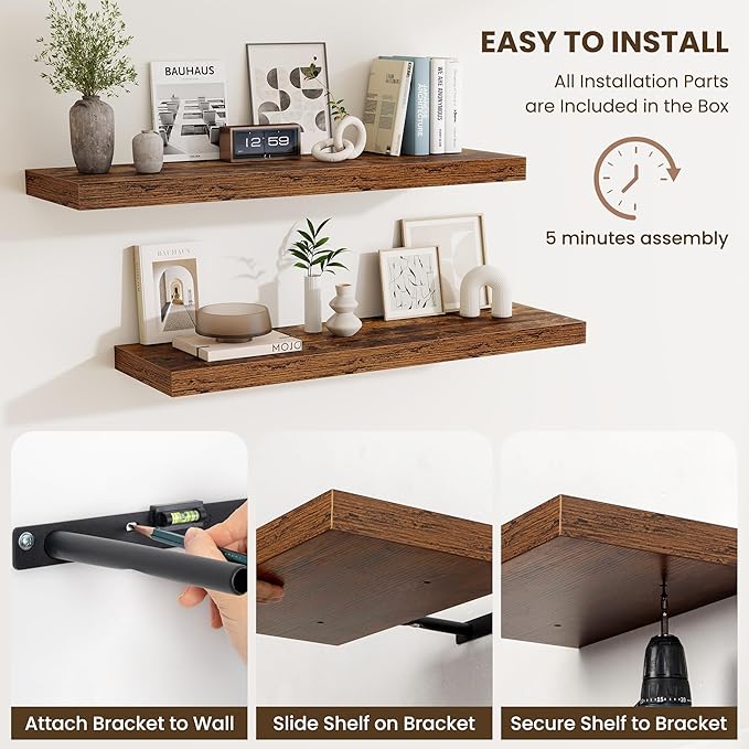 Fun Memories Floating Shelves for Wall, 30 Inch Long Floating Shelves Set of 2, 30 x 10 Wooden Shelves for Wall, Large Storage Shelves, Hanging Shelves for Bathroom Kitchen Bedroom, Rustic Brown