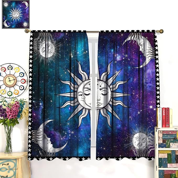 Sun Moon Blackout Curtains, Abstract Bohemian Cosmos Night Sky Galaxy Moon Sun Window Drapes, for Bedroom Living Room 63" W X 72" L