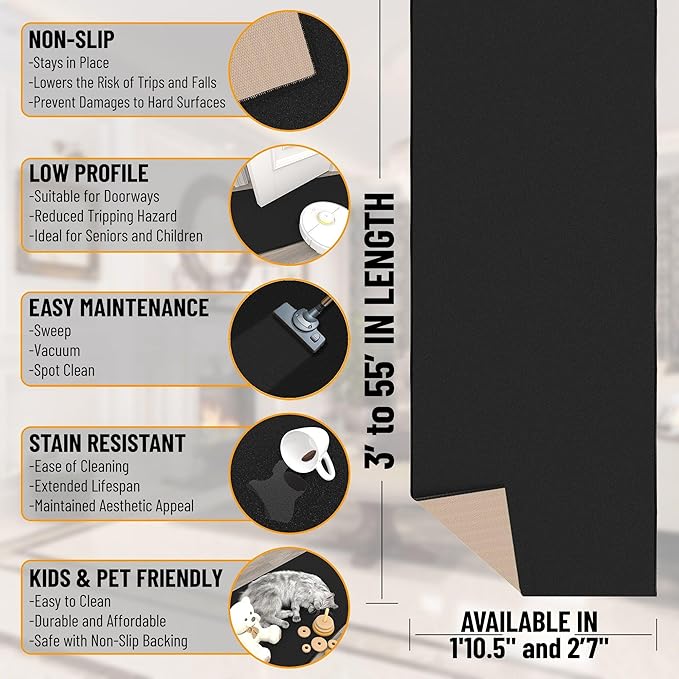 Ottomanson Hallway Runner Rug – Non-Slip Low Pile Carpet Runner for Entryway, Stain Resistant & Easy to Clean, Solid Black, 1'10.5" x 14'
