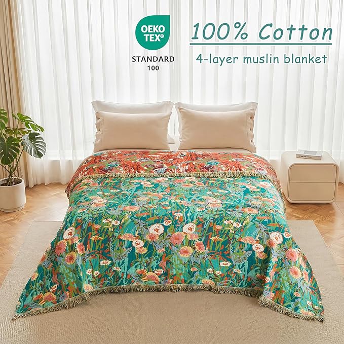 Boho Throw Blanket - 90"x108" 100% Cotton Ultra Soft Lightweight Spring Blanket, 4-Layer Breathable Muslin Blankets for Bed Couch, Reversible Green Floral Printed Bohemian Cotton Quilt
