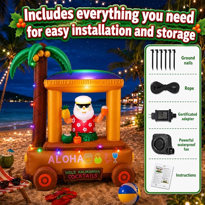 Leyndo Christmas in July Inflatable, 7 ft Christmas Inflatables Hawaiian Beach Santa at Bar Decorations, Built-in Led, Outdoor Xmas Blow up for Tropical Hawaiian Luau Holiday Beach Party Supplies