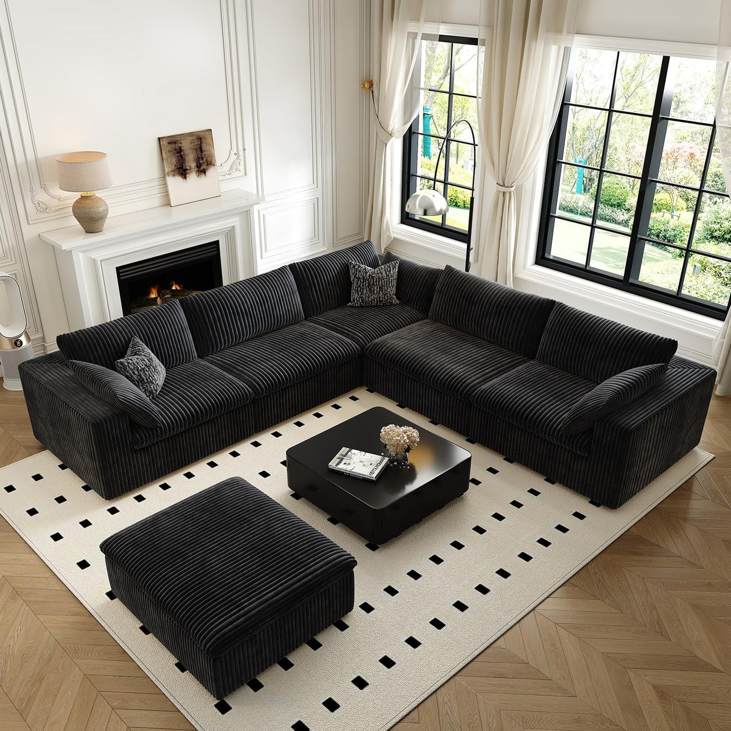 118" Cloud Couch Oversized Modular Sectional Sofa for Living Room,Modern Sofa with Deep Seat，6 Seater Boneless Couch,Comfy Upholstered Corduroy Couches for Apartment, Studio, Office,Bedroom，Black