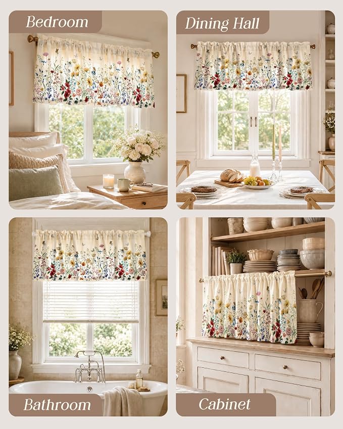 Miss Adola Valance Curtain for Windows - 16 Inch Linen Blend Farmhouse Floral Valance for Kitchen Living Room Bedroom Bathroom Vintage Country Short Curtain with Rod Pocket, 1 Panel
