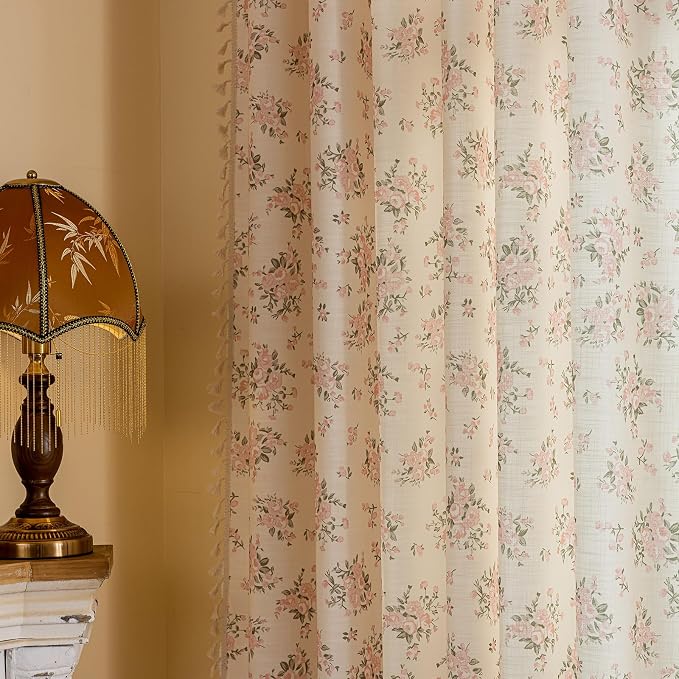 OYX Pink Floral Curtains for Girls Room 2 Panels, Linen Curtains 84 Inch Length with Flower Pattern Light Filtering Window Privacy Curtains for Living Room Boho Farmhouse Vintage, Each 52 Inch Wide