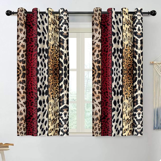 Wild Animal Print Curtain, Room Darkening Thermal Insulated Blackout Leopard Boa Window Drapes with Grommets for Living, Dining, Bedroom, Red Leopard Print, 52"x 63", 2 Panels