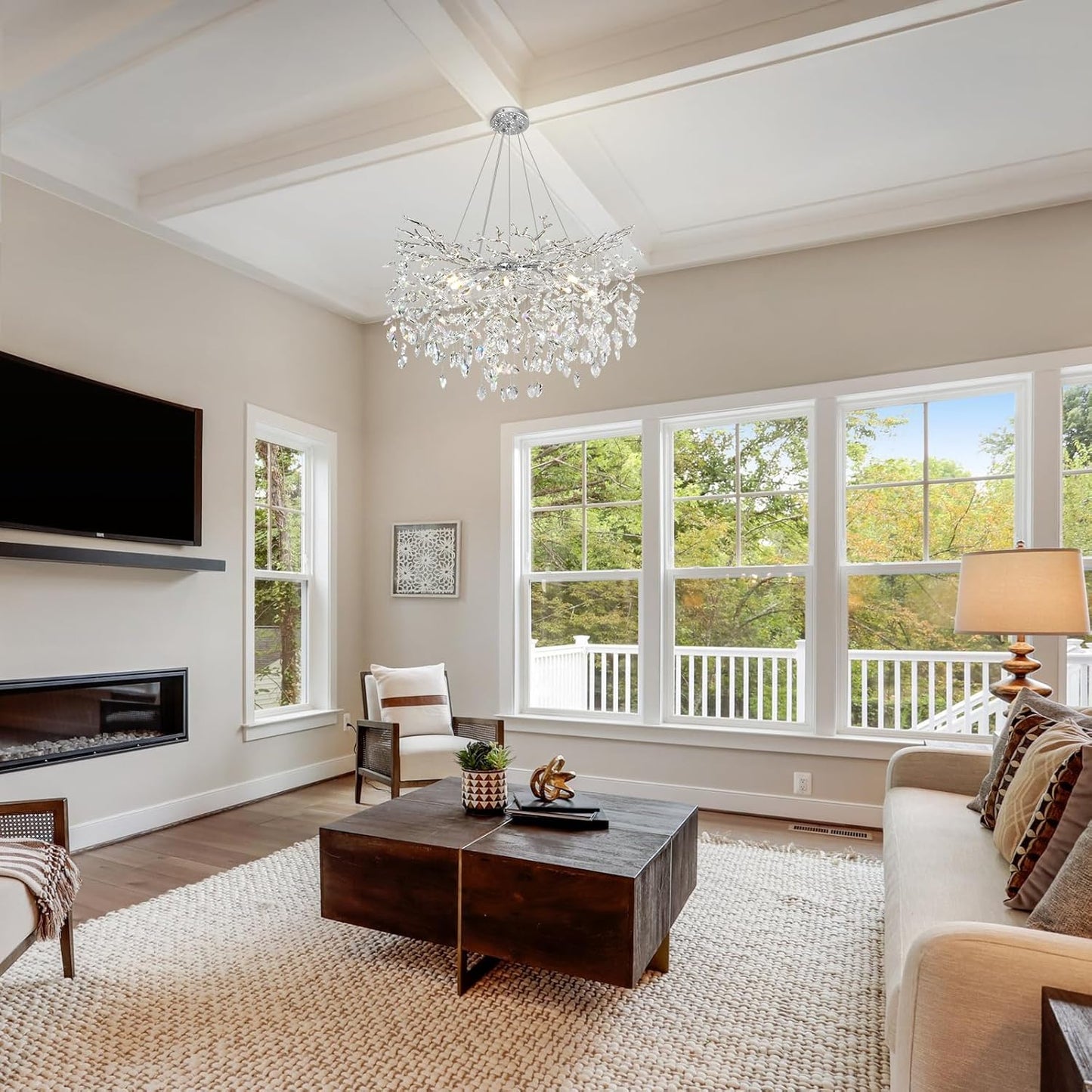 Modern Round Crystal Chandeliers, 30" Crystal Chandeliers for Dining Room,Silver Tree Branches Chandelier, for Living Room,High Ceiling,Foyer,Entryway,Kitchen Island