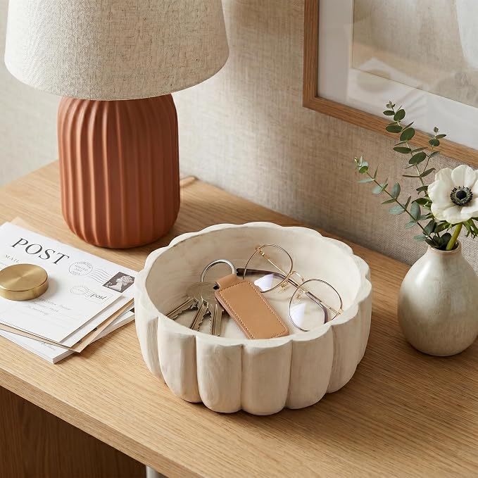 Decorative Wood Scalloped Bowl for Coffee Table Decor - Centerpiece Table Decorations for Home, Kitchen, Living Room, and Dining Room - Functional Bowl for Accessories, Candy, and Key - 4", White