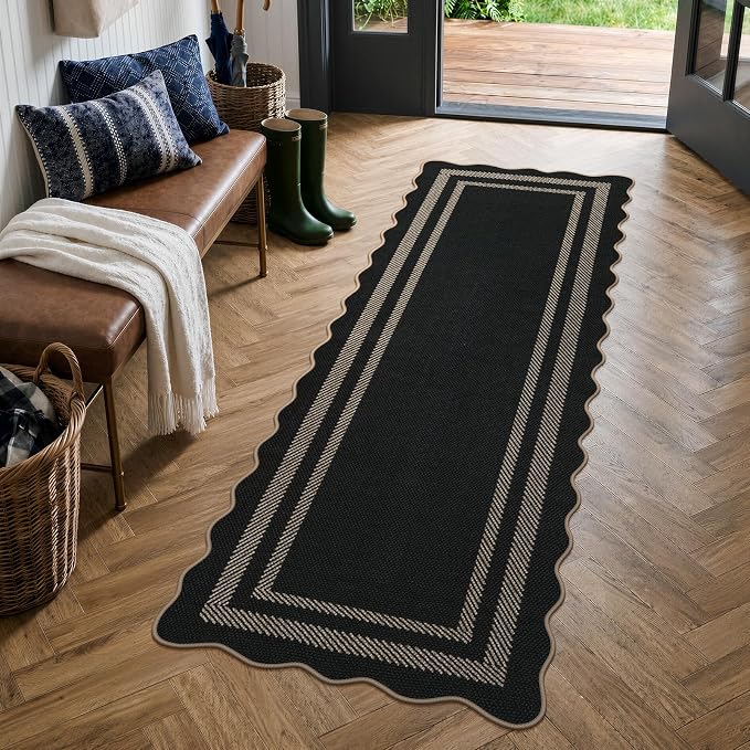 LIVEBOX Scalloped Easy Jute Kitchen Runner Rug, 2x6 Hallway Runner Black Rugs for Entryway, Indoor Outdoor Washable Non Slip Rug Farmhouse Modern Carpet Door Mat for Porch Bedroom Laundry 6ft Entry