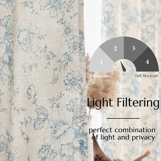 jinchan Floral Linen Curtains with Lined for Living Room 84 Inches Long Farmhouse Vintage Blue Peony Flower Printed Curtains Rod Pocket Back Tab Drapes Bedroom Window Treatments 2 Panels