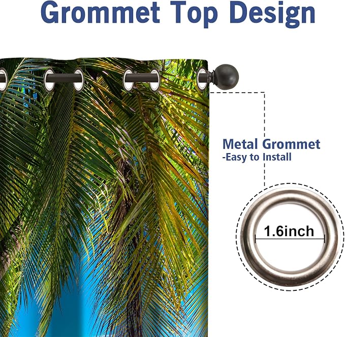 Jekeno Ocean Palm Tree Blackout Curtains Tropical Beach Theme Clear Sea Island View Seaside Scenery Print Grommet Window Drapes Decor for Bedroom Living Room Blue 2 Panel Set, 42"x54"