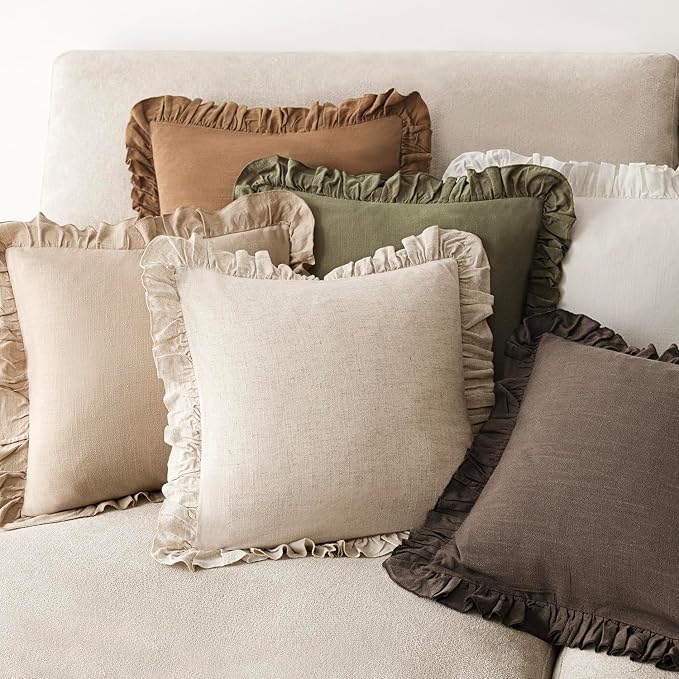 Foindtower Set of 2 Decorative Soild Fringe Ruffle Throw Pillow Covers Soft Boho Farmhouse Cushion Cover Cozy Accent Retro Pillowcase for Couch Sofa Bed Living Room Home Decor,22×22 Inch,Light Tan