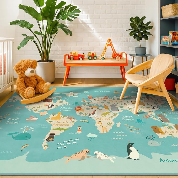 Hazo Haus Washable Large Kids Room Rug with Animal – 6x9 Educational World Map Area Rug for Bedroom – Non-Slip, Stain Resistant, Soft & Safe, Playroom Essentials - Blue Ocean