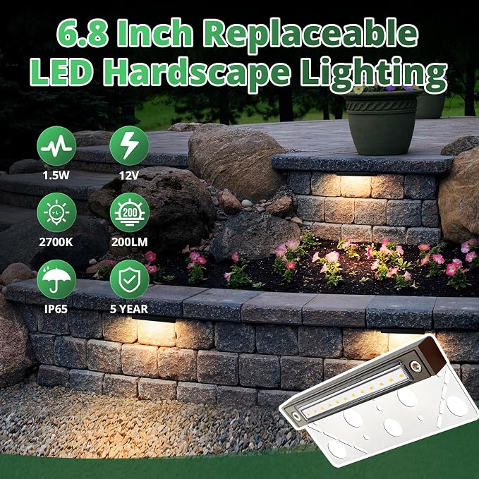 GKOLED 8-Pack Replaceable 6.8" LED Hardscape Lights, Low Voltage Retaining Wall Lights, Paver Wall Hardscape Lighting, Outdoor Landscape Step Lights, 12VAC/DC 1.5W 2700K, Die-cast Aluminum Housing