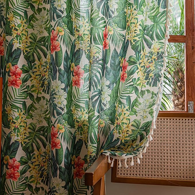 Deeprove Boho Curtains 2 Panels for Bedroom Living Room 84 inches Long Bohemian Light-Filtering Linen Look Leaf Floral Print Farmhouse Aesthetics Privacy Vintage Chic Window Decor 52W x 84L