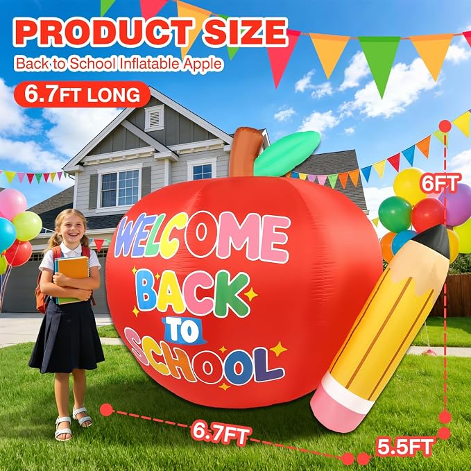 6.7 FT Long Back to School Inflatables Outdoor Decorations, Apple & Pencil Blow up Yard Decor with LED Lights, First Day of School Welcome Decoration for Preschool Kindergarten Party Indoor Lawn Patio