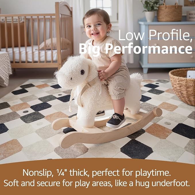 jinchan Macy 6x9 Kids Area Rug for Classroom Black and White Modern Nursery Rug Colorful Checkered Diamond Play Mat Washable Soft Non Slip Carpet for Playroom Bedroom Daycare Marble on Cream